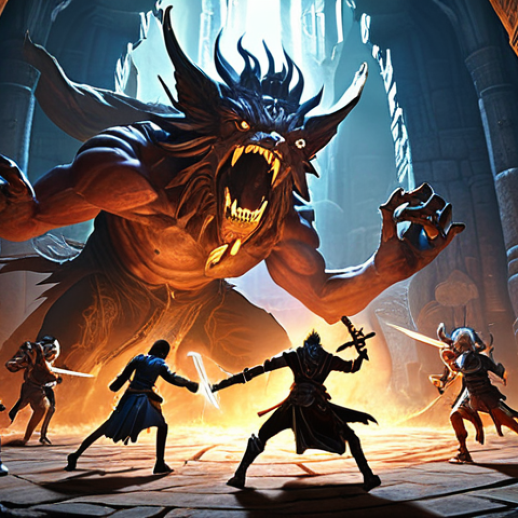 ** A dramatic scene depicting a group of players battling the Guardian of the Forgotten Labyrinth. The Guardian is mid-attack, with energy swirling around its massive form. Players are positioned strategically, some dodging, some attacking, with visual effects highlighting interrupt abilities. Think intense action, dark fantasy setting, and a sense of teamwork against a powerful foe.
*Prompt:* "Action shot, Blade & Soul Guardian of the Forgotten Labyrinth boss fight, group of players, dynamic poses, interrupt ability visual effects, dark fantasy environment, intense battle"

**