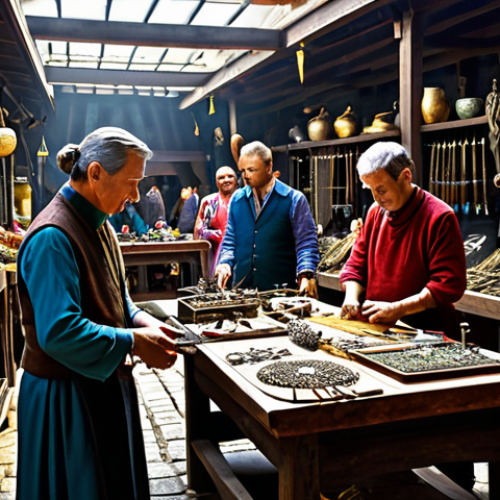 Home 6 Bustling Marketplace**
"A vibrant marketplace scene filled with artisans showcasing their crafts. A master jeweler displays intricately designed amulets, a blacksmith presents gleaming swords, and a tailor exhibits elegant, fully clothed garments. The scene is full of activity, with customers admiring the wares. Focus on the quality of the craftsmanship and the colorful atmosphere of the marketplace. Safe for work, appropriate content, fully clothed, professional, perfect anatomy, natural proportions, high quality, fantasy setting."
**