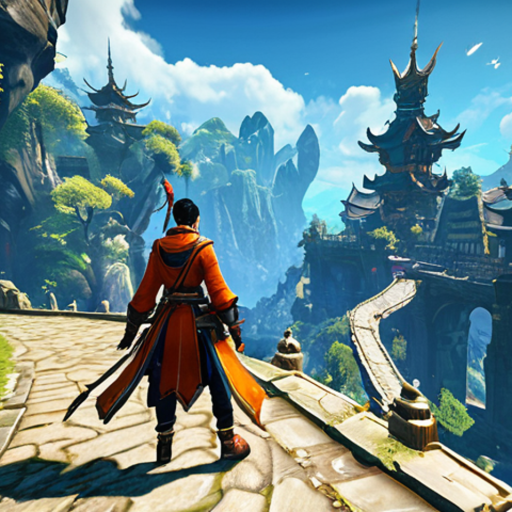 ** "Blade & Soul character gliding gracefully using a Windstride route over a vibrant fantasy landscape, detailed UI elements showing map and travel waypoints, emphasis on speed and efficiency, fantasy art style, safe for work, appropriate content, fully clothed, professional, family-friendly, perfect anatomy, natural proportions, well-formed hands, proper finger count, natural body proportions" **