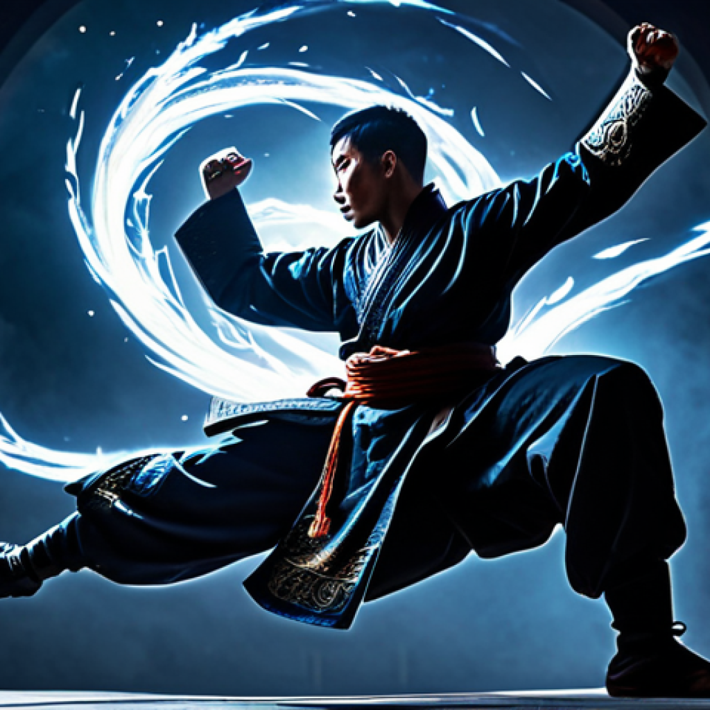 블레이드앤소울 경공 콤보 활용법 - Void Jump Mastery** "A determined Blade Master in dynamic action pose, leaping over a stylized, mon...