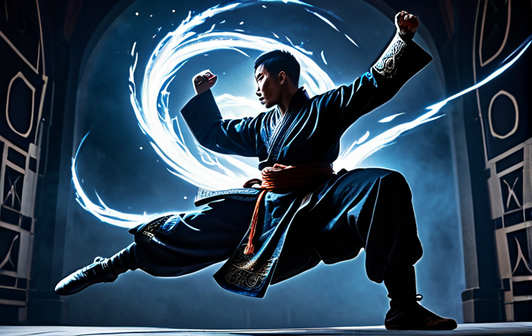 블레이드앤소울 경공 콤보 활용법 - Void Jump Mastery** "A determined Blade Master in dynamic action pose, leaping over a stylized, mon...