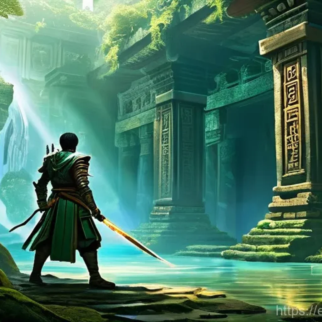 블레이드앤소울 확장 콘텐츠 정보 - He is carefully traversing ancient, moss-covered ruins partially submerged in shallow, clear water, ...