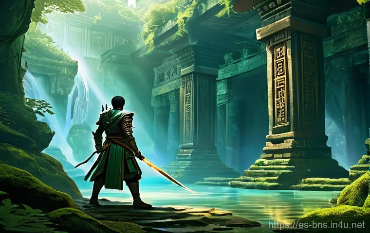 블레이드앤소울 확장 콘텐츠 정보 - He is carefully traversing ancient, moss-covered ruins partially submerged in shallow, clear water, ...
