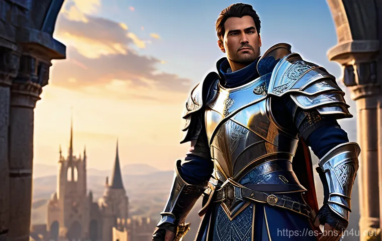 블레이드앤소울 곤족 선택 이유 - **Prompt:** A majestic, imposing male warrior character from a fantasy MMORPG, standing heroically i...