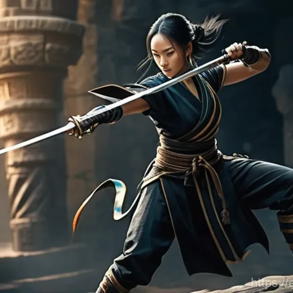 블레이드앤소울 전투 난이도 설계 - **Dynamic Martial Arts Dodge:** A female martial artist, resembling a nimble Assassin or gracefu...