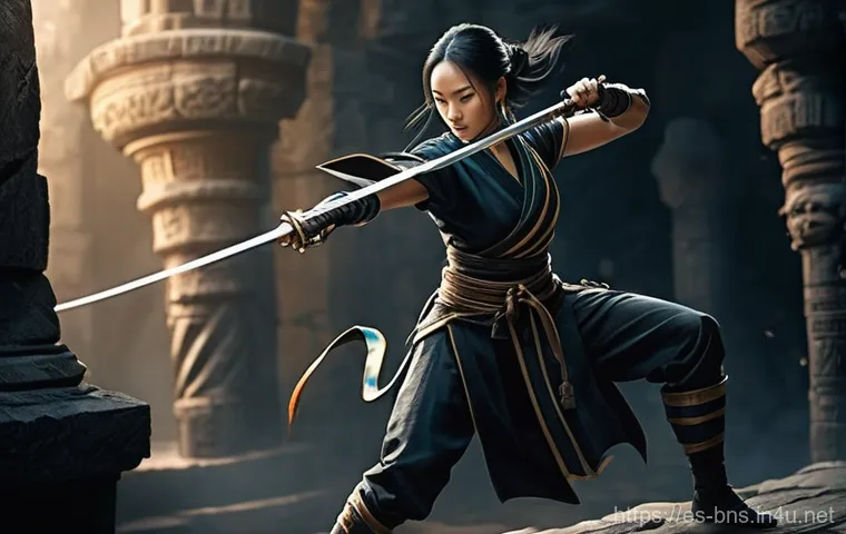 블레이드앤소울 전투 난이도 설계 - **Dynamic Martial Arts Dodge:** A female martial artist, resembling a nimble Assassin or gracefu...