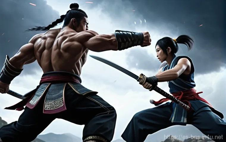 블레이드앤소울 전투 난이도 설계 - **Coordinated Boss Takedown:** A diverse team of three martial artists is strategically engaging...