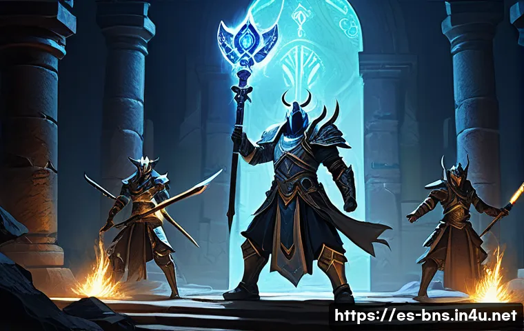 블레이드앤소울 전설 무기 획득법 - A dynamic scene inside the “Temple of Eluvium” dungeon, showcasing a diverse group of four character...