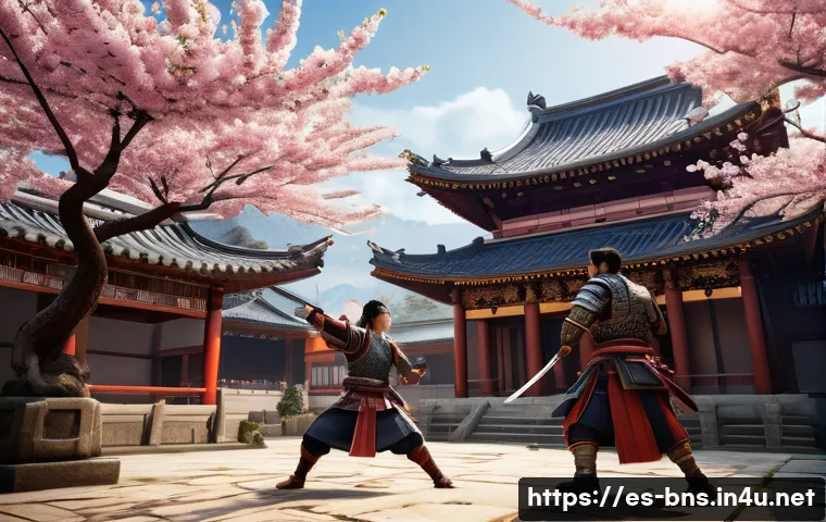 블레이드앤소울 초보와 고수의 차이 - A dynamic fantasy combat scene in an Asian-inspired MMORPG setting, featuring two skilled warriors e...
