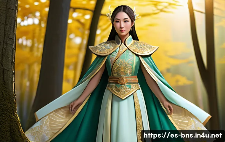 블레이드앤소울 명작 코스튬 리뷰 - A female character wearing an elegant and traditional Asian-inspired costume in a fantasy MMORPG set...