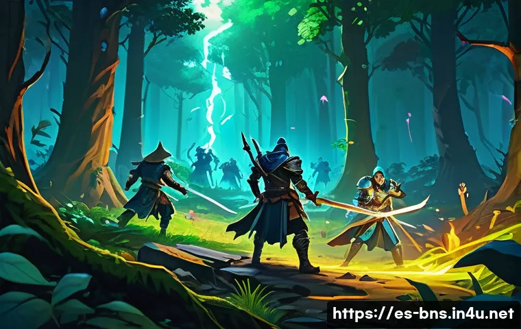 블레이드앤소울 빠른 레벨업 공략 - A dynamic fantasy RPG scene showing a skilled swordsman and a sorcerer using powerful area-of-effect...