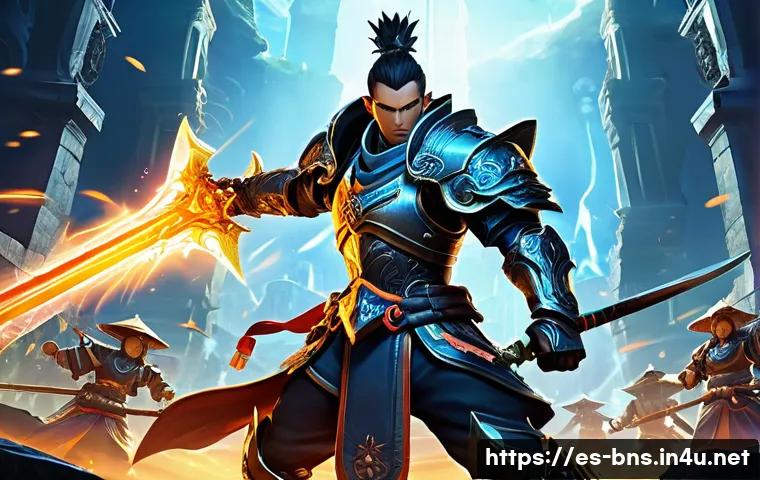 블레이드앤소울 숙련도 올리기 - A dynamic fantasy battle scene in Blade & Soul style, featuring a skilled warrior wearing intricatel...