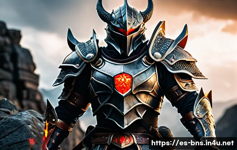 블레이드앤소울 세트 옵션 활성화 - A powerful warrior wearing the &ldquo;Dragon Slayer&rdquo; armor set, showcasing intricate, heavy battle gear wi...