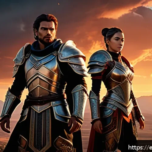 블레이드앤소울 마스터 팩 정보 - A dynamic fantasy game scene showcasing a confident male and female warrior duo equipped with exclus...
