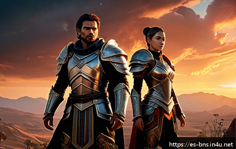 블레이드앤소울 마스터 팩 정보 - A dynamic fantasy game scene showcasing a confident male and female warrior duo equipped with exclus...