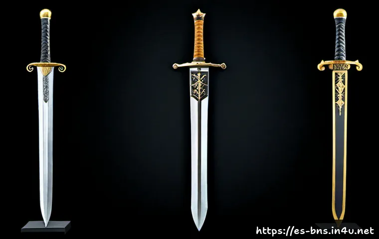 블레이드앤소울 무기 등급 정리 - Photorealistic fantasy weapon tier comparison, five elegant East Asian-inspired swords arranged from...