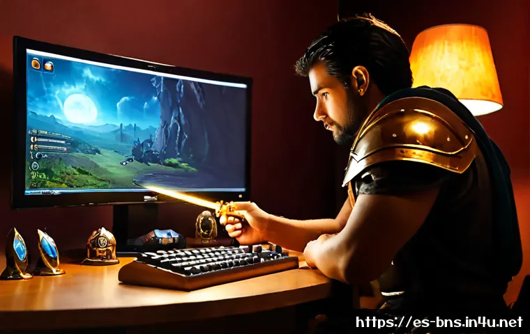 블레이드앤소울 장비 슬롯 최적화 - Photorealistic fantasy gaming desk scene, a Spanish-speaking adult player thoughtfully arranging glo...